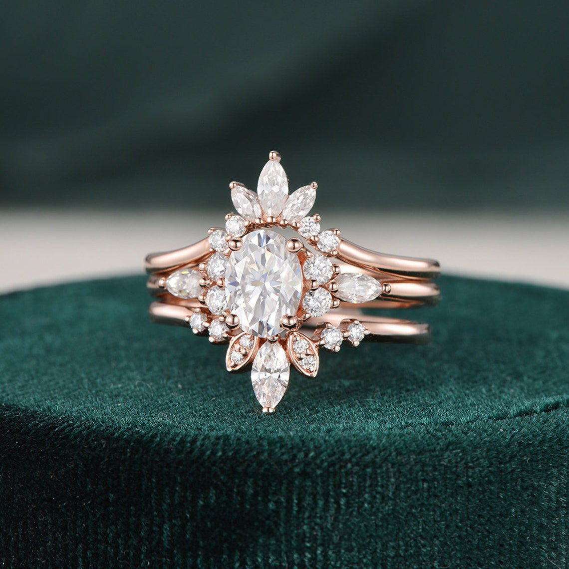 3pcs Vintage Style Bridal Ring Set, Oval Cut Center Stone