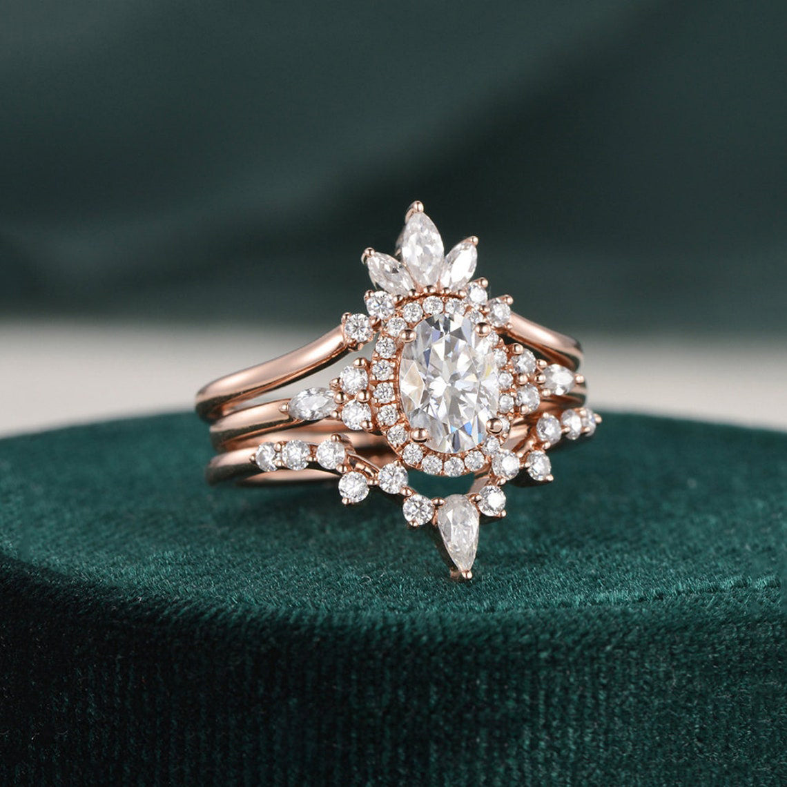 3pcs Vintage Style Bridal Ring Set, Oval Cut Center Stone