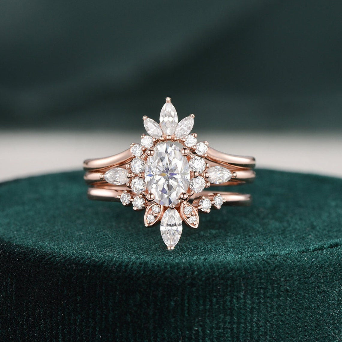 3pcs Vintage Style Bridal Ring Set, Oval Cut Center Stone