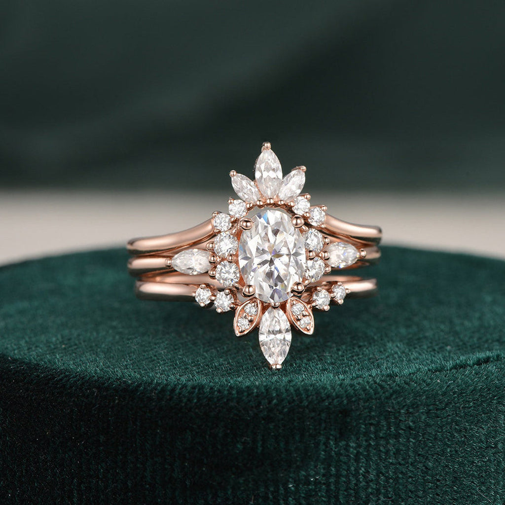 3pcs Vintage Style Bridal Ring Set, Oval Cut Center Stone