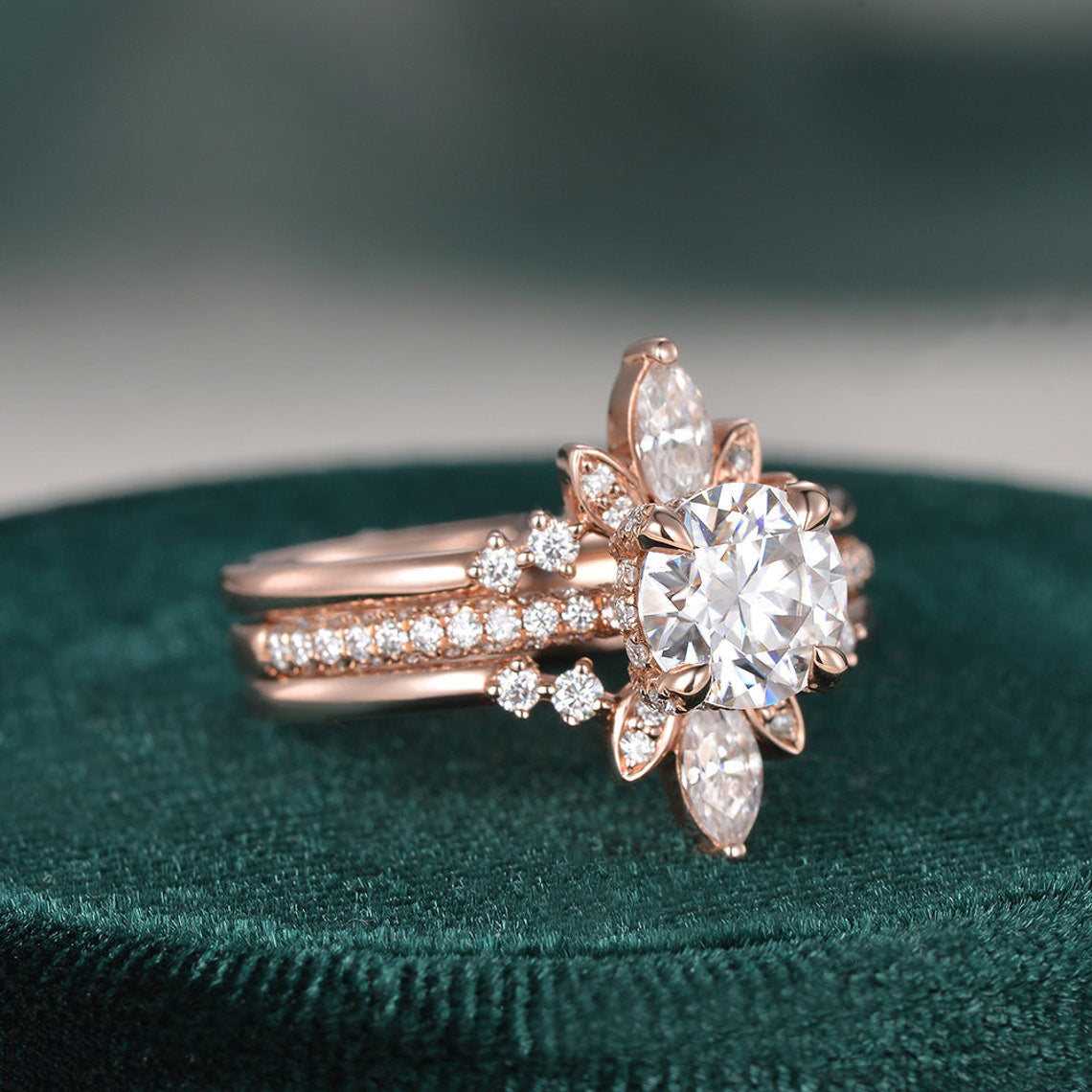 3pcs Vintage Style Bridal Ring Set, Round Cut Center Stone