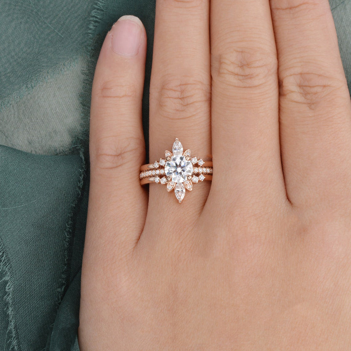 3pcs Vintage Style Bridal Ring Set, Round Cut Center Stone