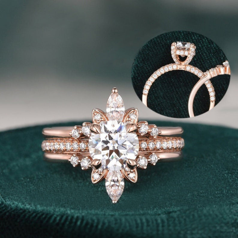3pcs Vintage Style Bridal Ring Set, Round Cut Center Stone