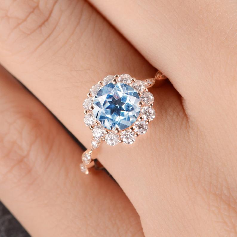 Aquamarine Round Cut Halo Ring, Vintage Inspired