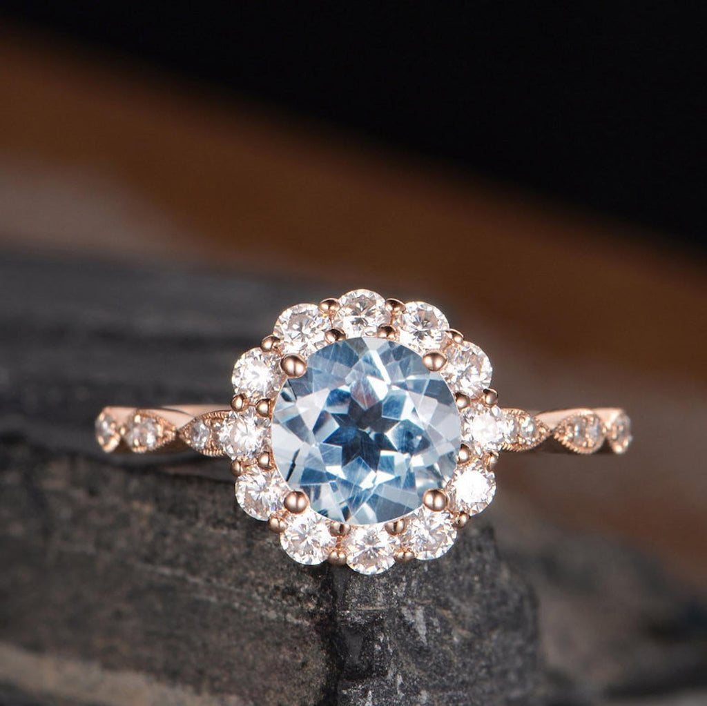 Aquamarine Round Cut Halo Ring, Vintage Inspired