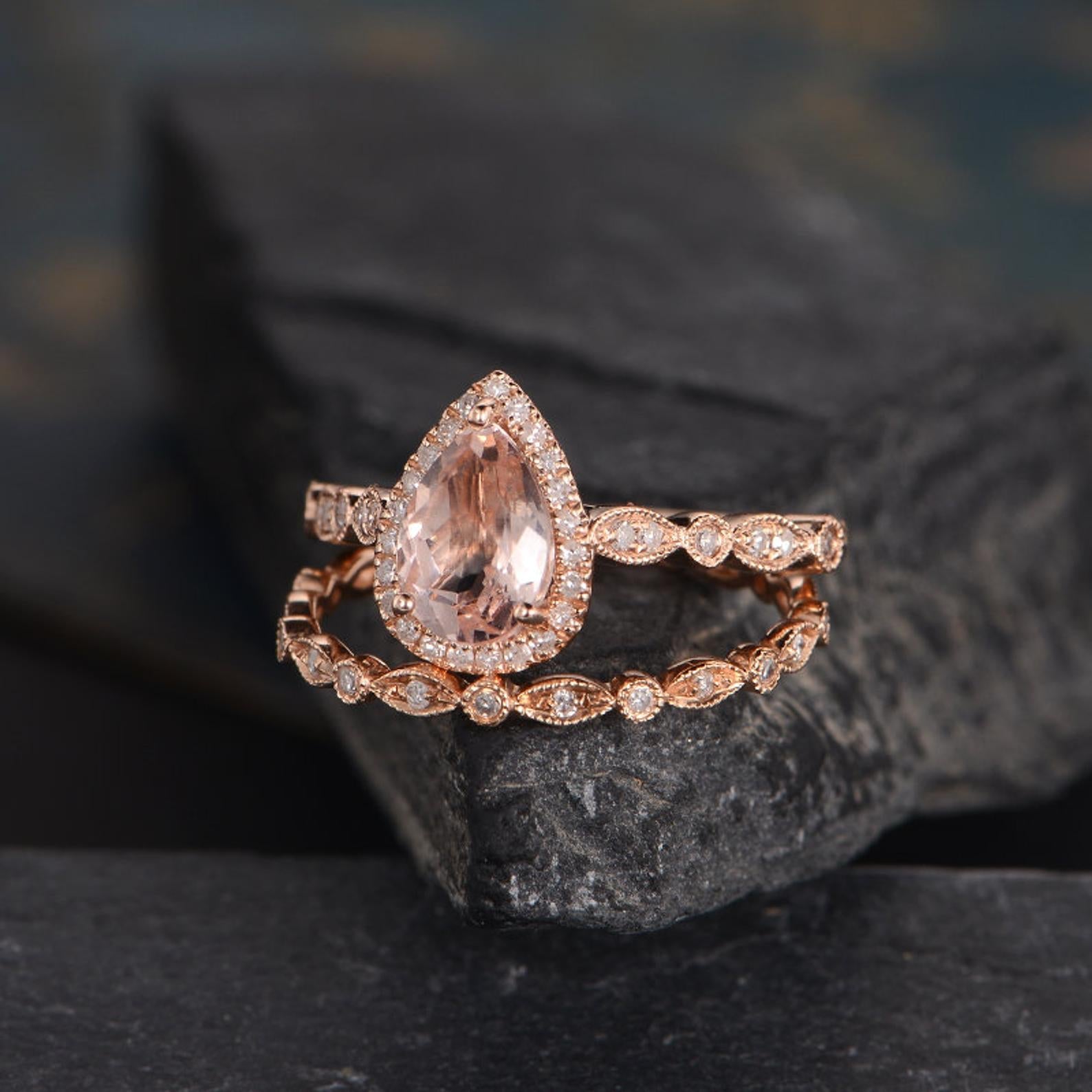 Art Deco Morganite Bridal Ring Set, Pear Shaped Ring