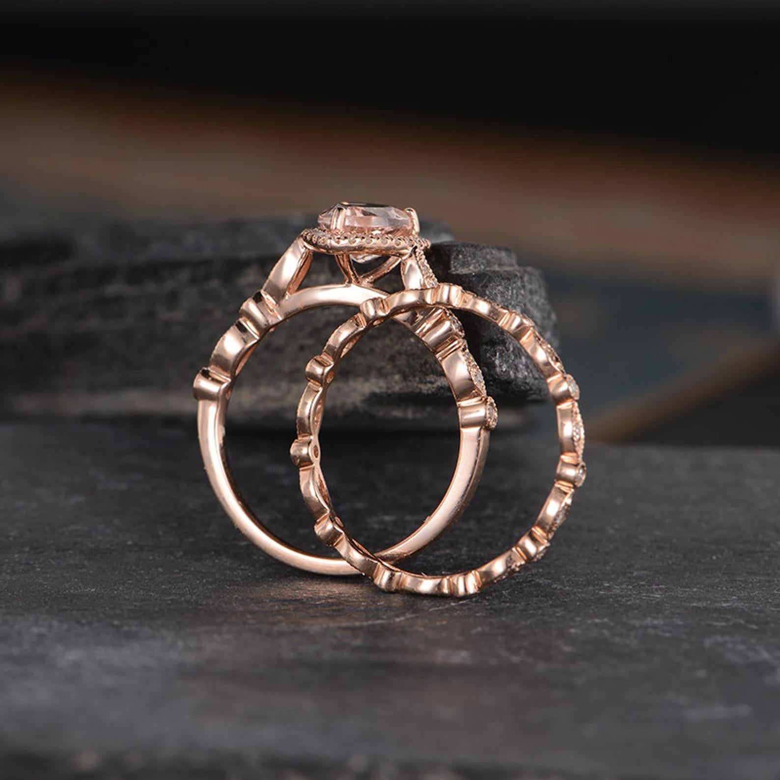 Art Deco Morganite Bridal Ring Set, Pear Shaped Ring