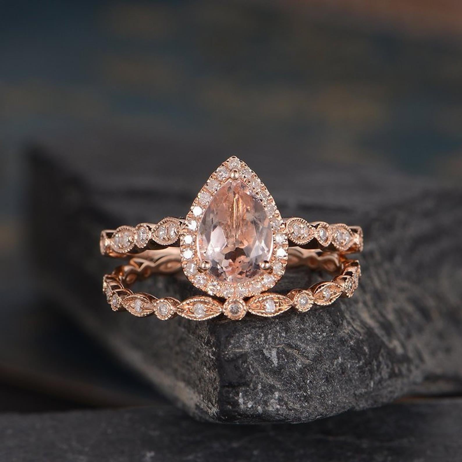 Art Deco Morganite Bridal Ring Set, Pear Shaped Ring
