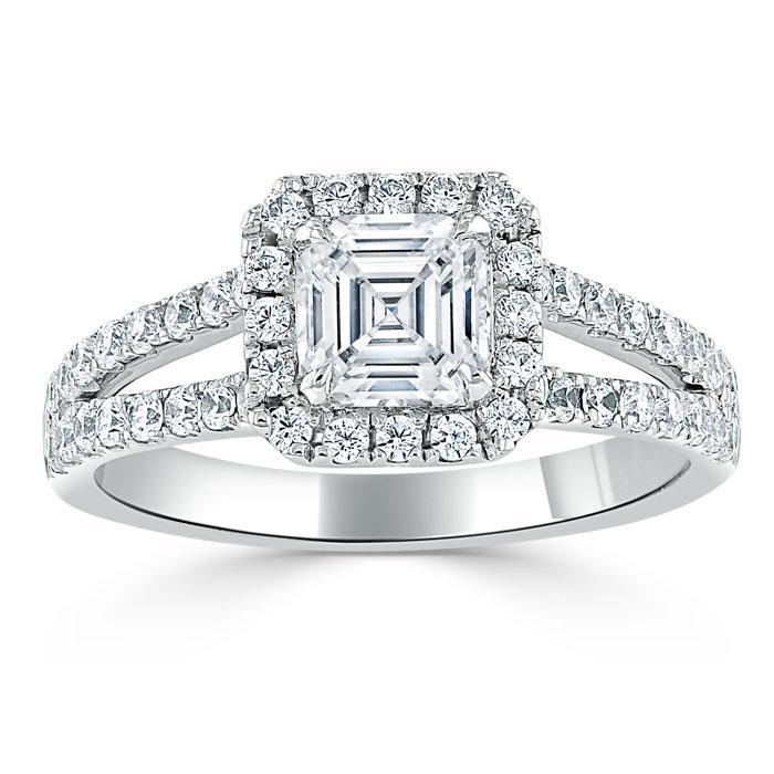 Asscher Cut Lab Diamond Engagement Ring, Classic Halo with Split Shank