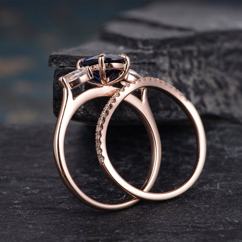 Blue Sapphire Bridal Ring Set, Oval Cut