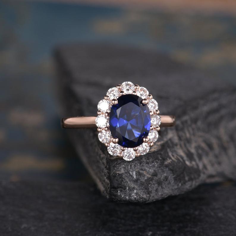 Blue Sapphire & Lab Diamond Ring, Halo Surround