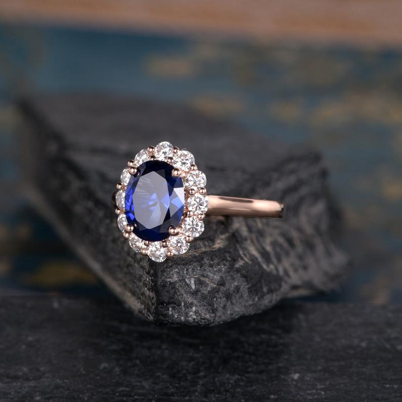 Blue Sapphire & Lab Diamond Ring, Halo Surround