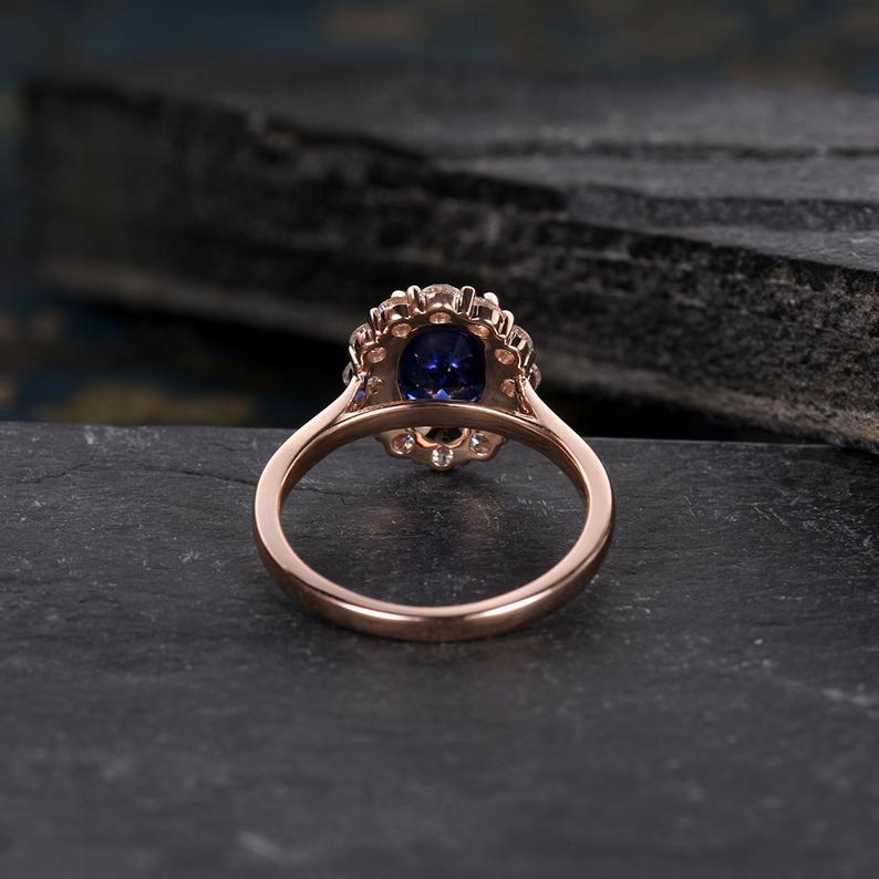 Blue Sapphire & Lab Diamond Ring, Halo Surround