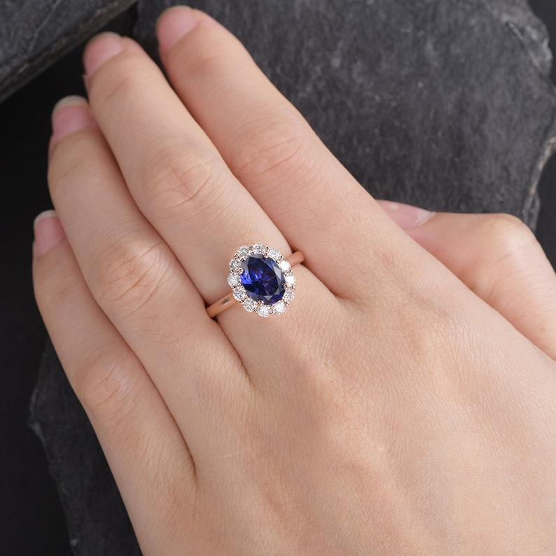 Blue Sapphire & Lab Diamond Ring, Halo Surround