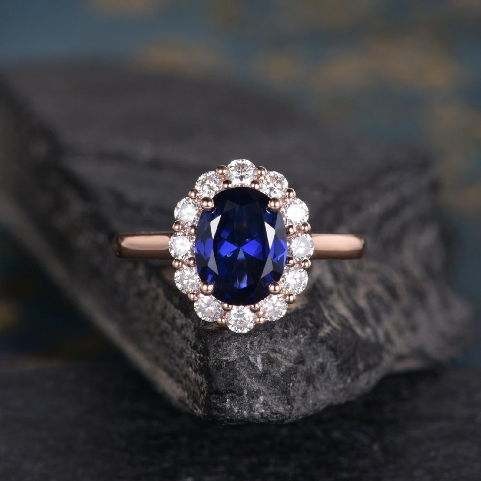 Blue Sapphire & Lab Diamond Ring, Halo Surround