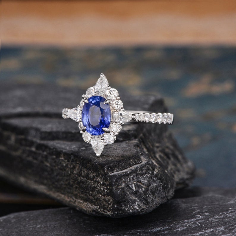 Blue Sapphire & Lab Diamond, Vintage Inspired Design