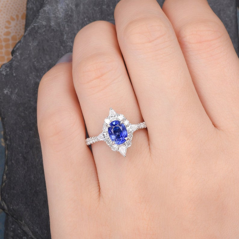 Blue Sapphire & Lab Diamond, Vintage Inspired Design