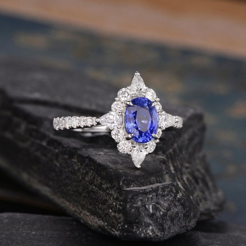 Blue Sapphire & Lab Diamond, Vintage Inspired Design