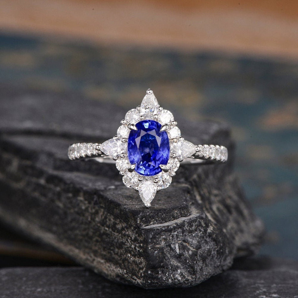 Blue Sapphire & Lab Diamond, Vintage Inspired Design