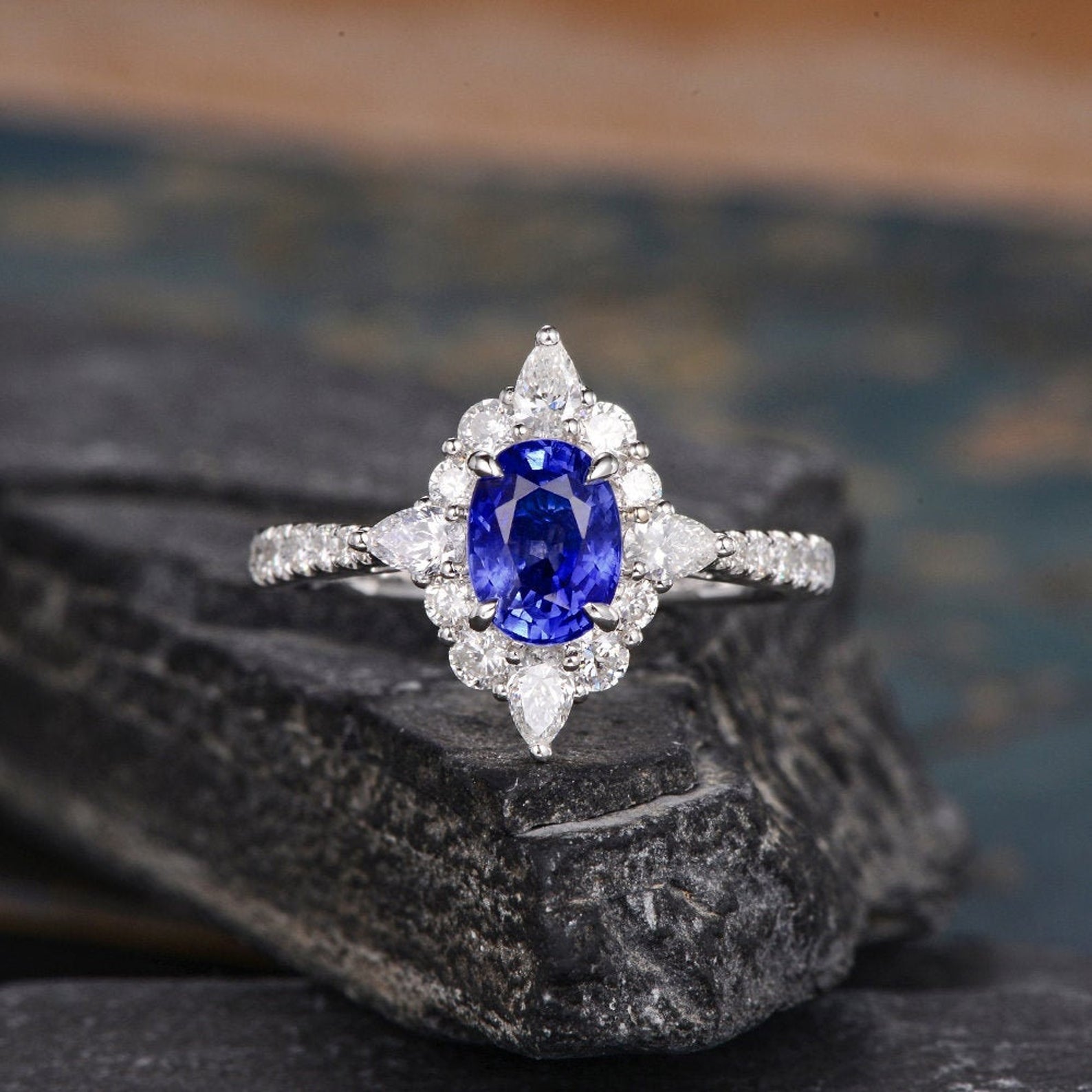 Blue Sapphire & Lab Diamond, Vintage Inspired Design