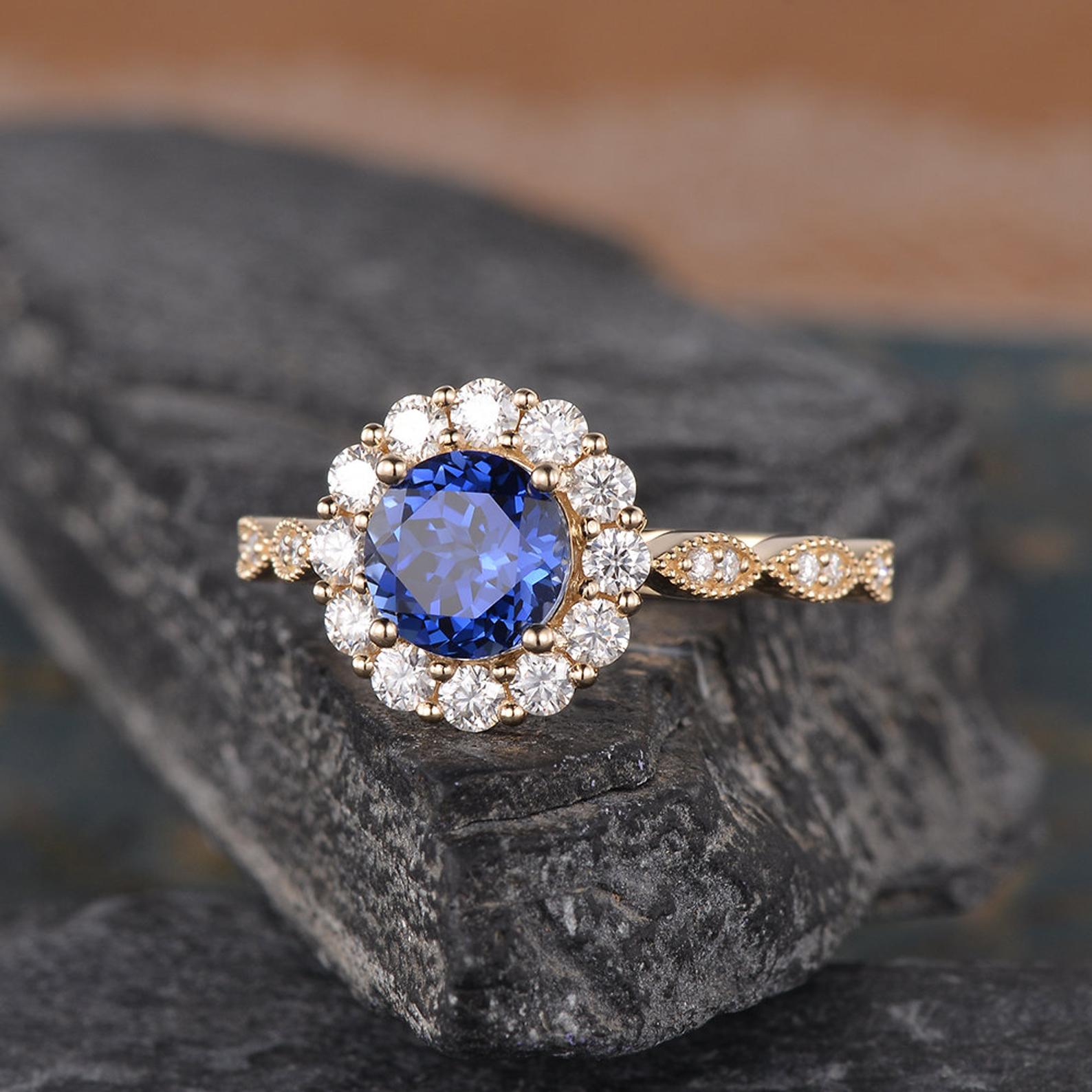 Blue Sapphire Vintage Halo Ring, Round Cut
