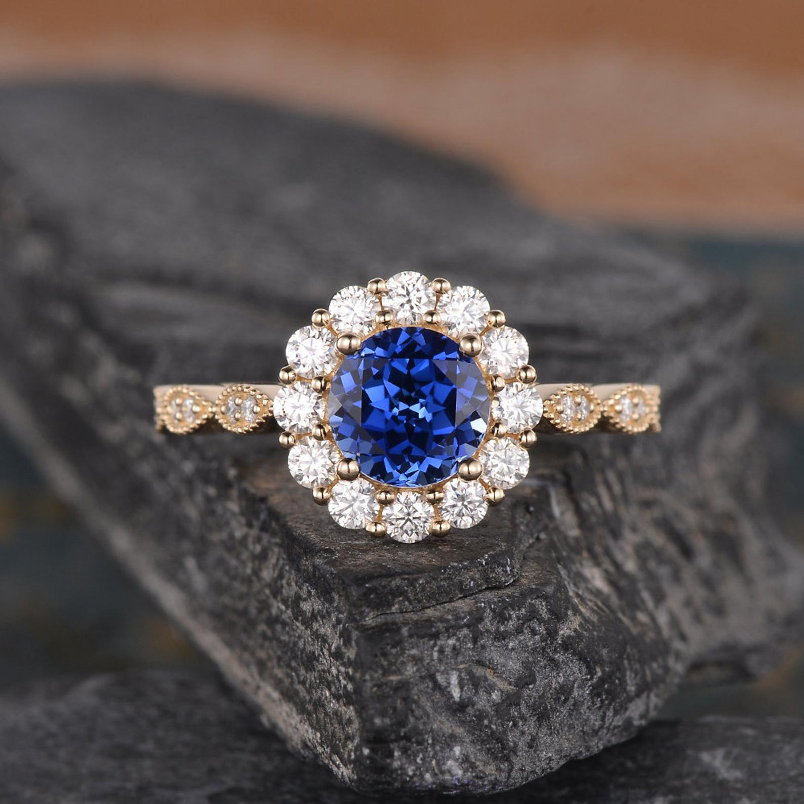 Blue Sapphire Vintage Halo Ring, Round Cut