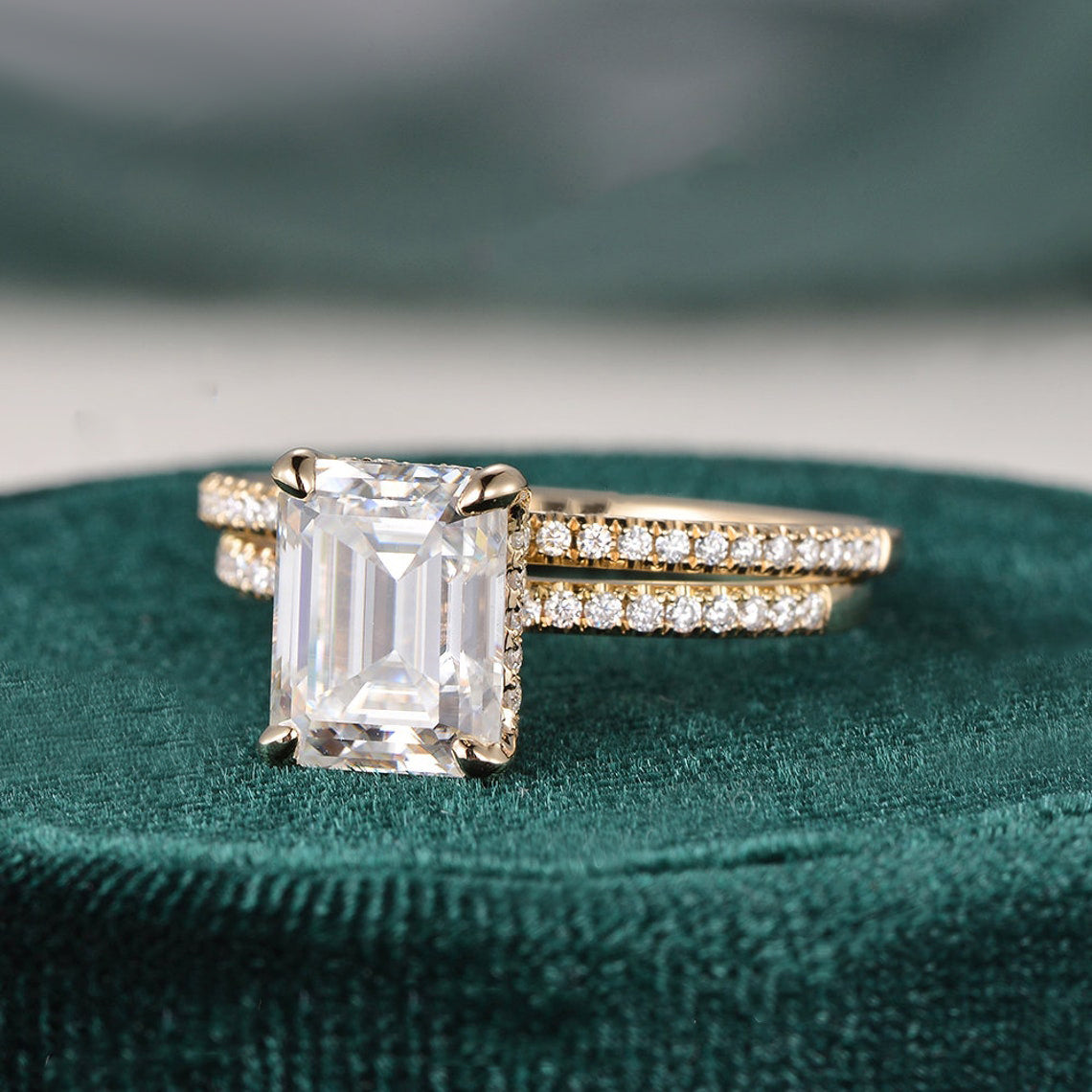 Bridal Ring Set, Emerald Cut Center Stone