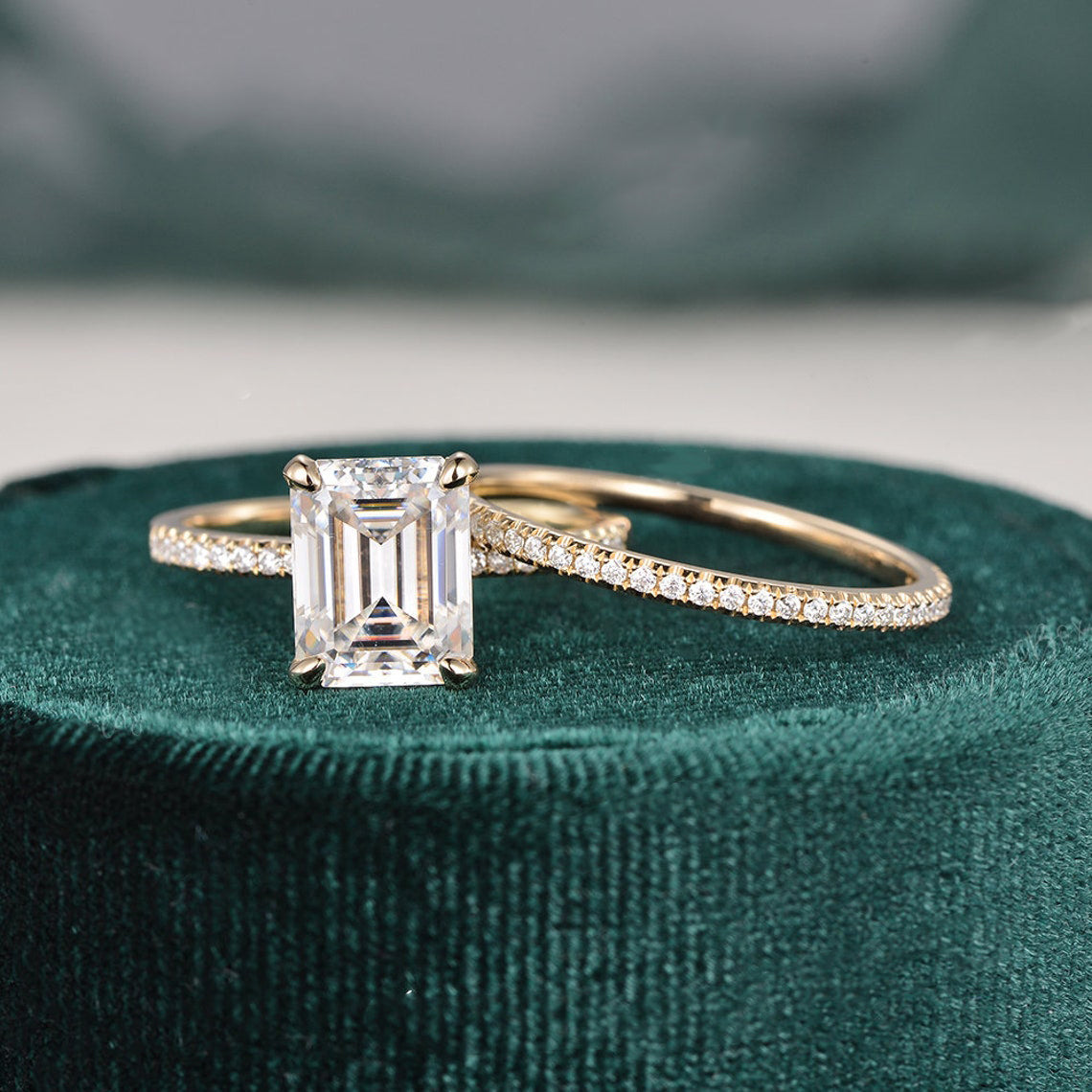Bridal Ring Set, Emerald Cut Center Stone