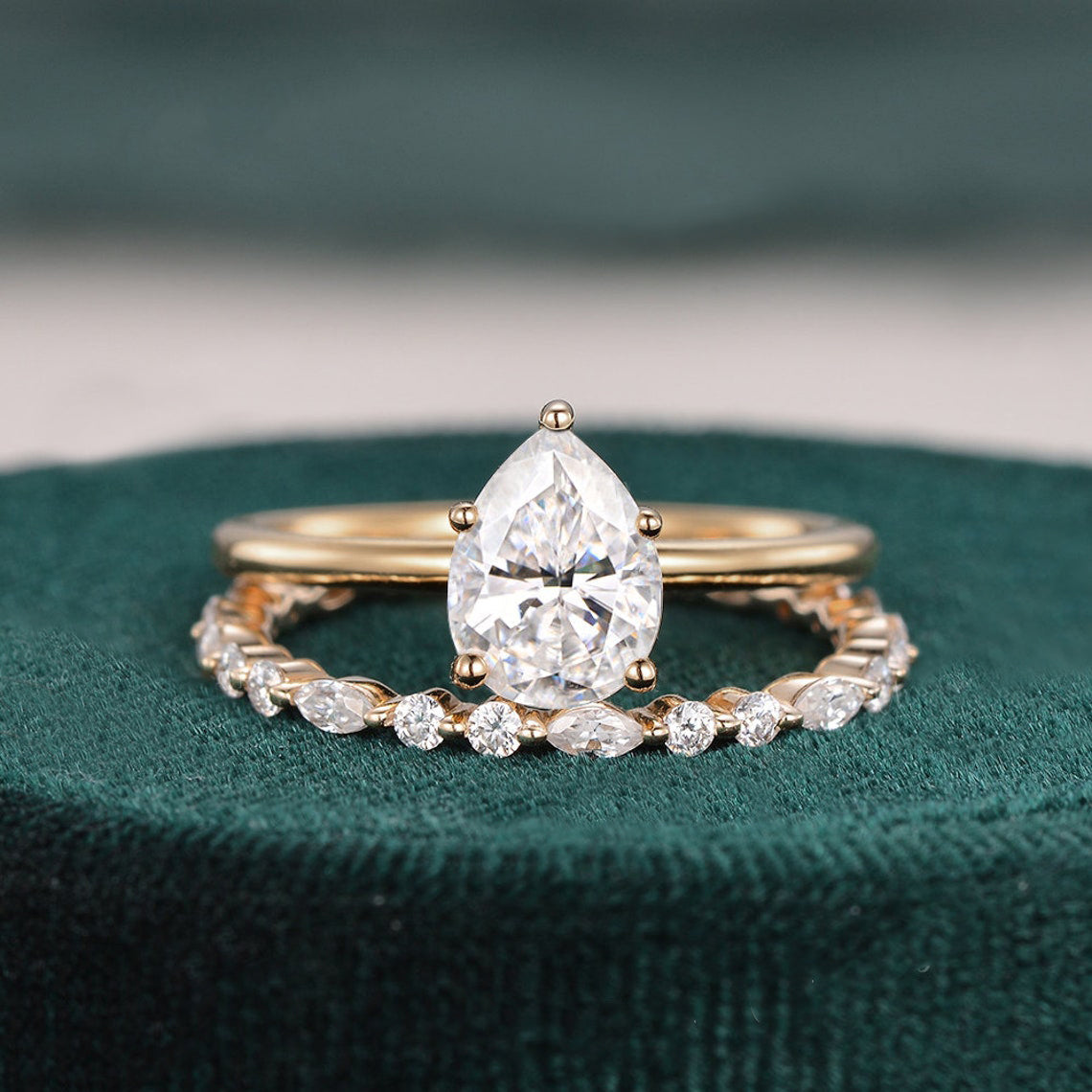 Bridal Ring Set, Pear Cut Center Stone