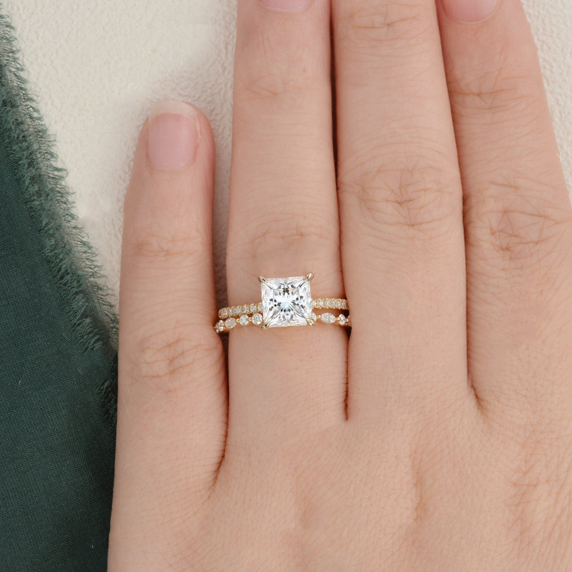 Bridal Ring Set, Princess Cut Center Stone