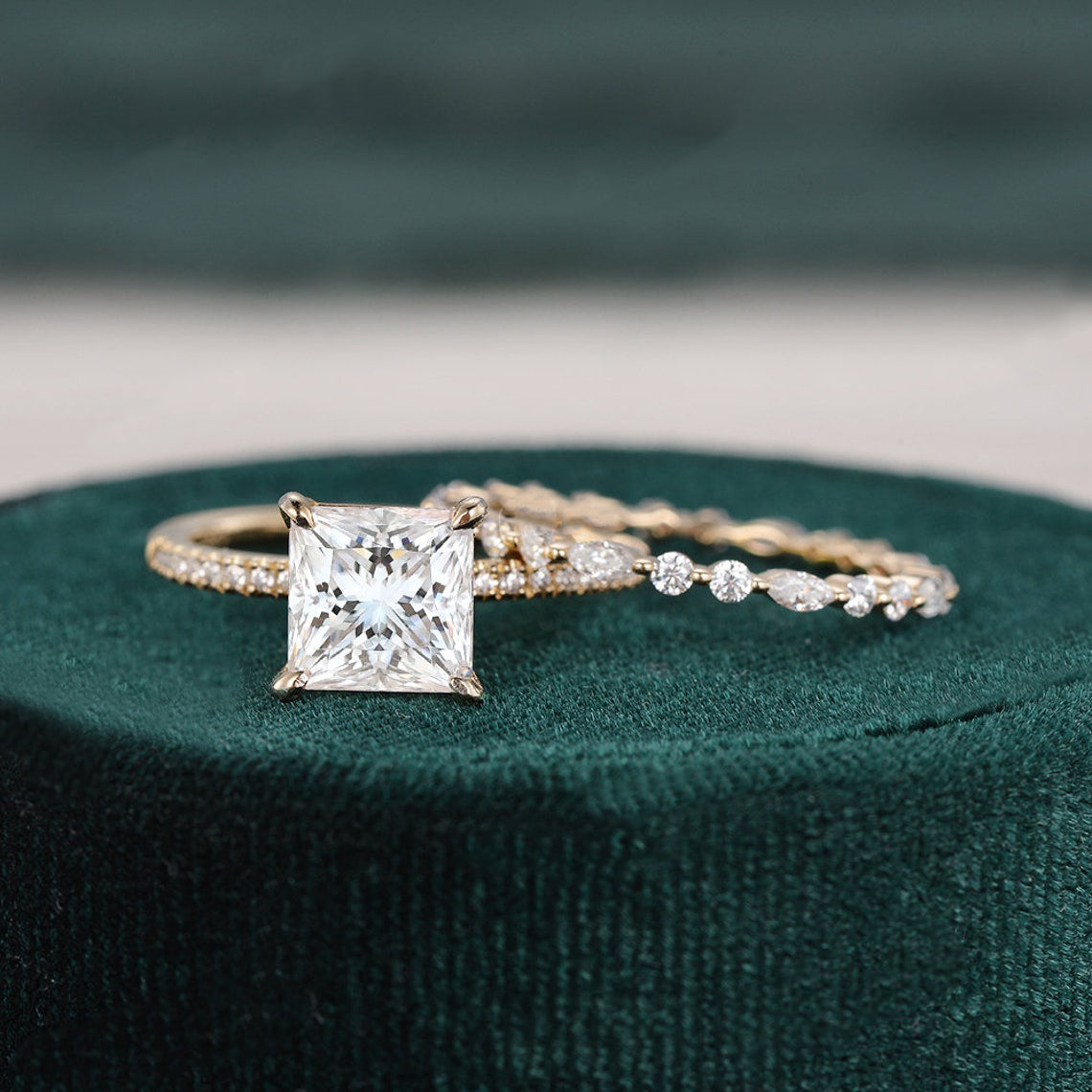 Bridal Ring Set, Princess Cut Center Stone