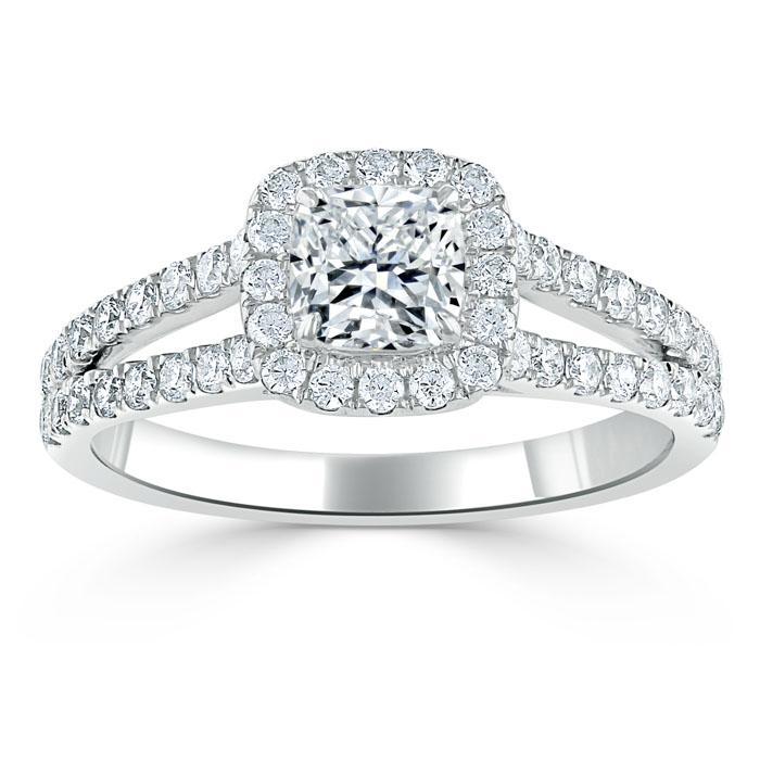Cushion Cut Lab Diamond Engagement Ring, Classic Halo with Split Shank