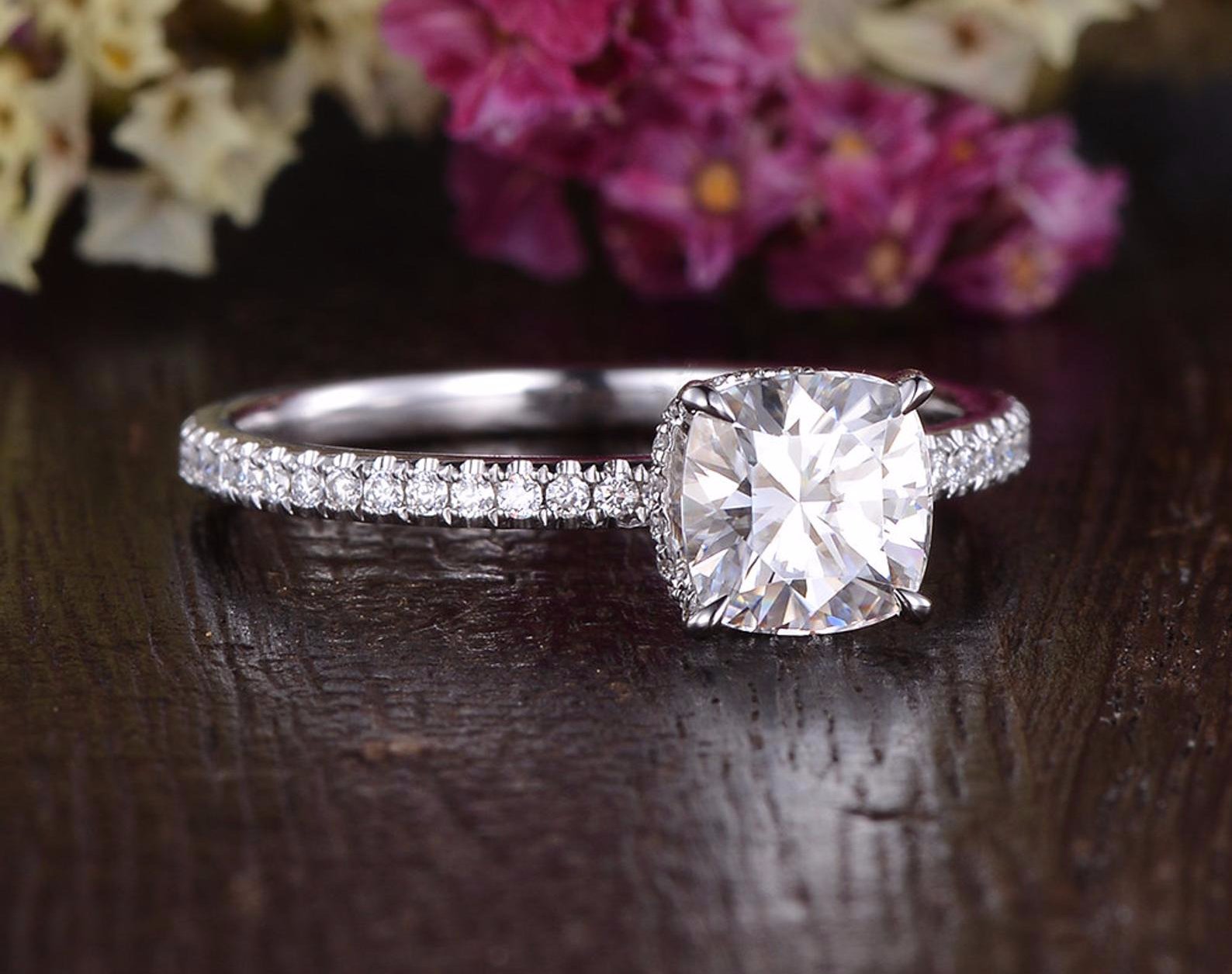 Cushion Cut Lab Diamond Engagement Ring, Hidden Halo Design