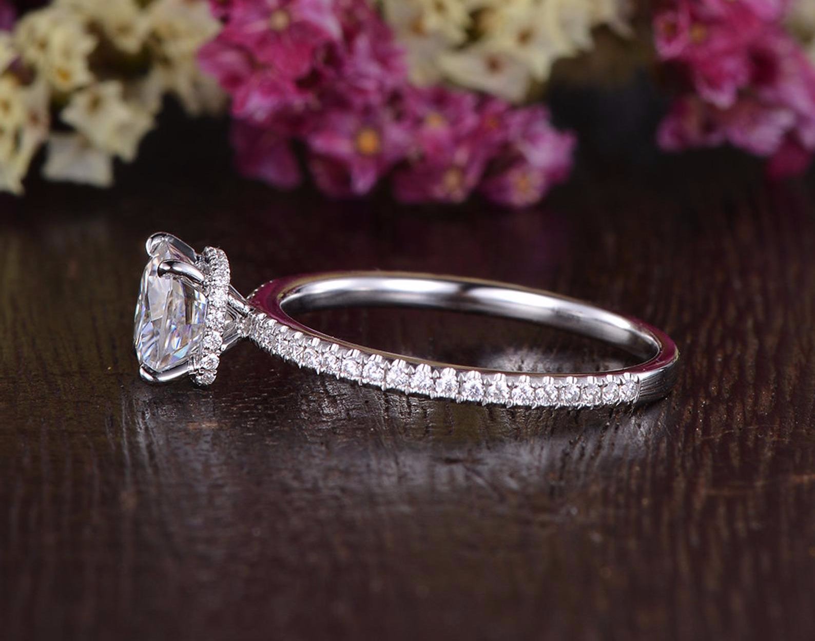 Cushion Cut Lab Diamond Engagement Ring, Hidden Halo Design