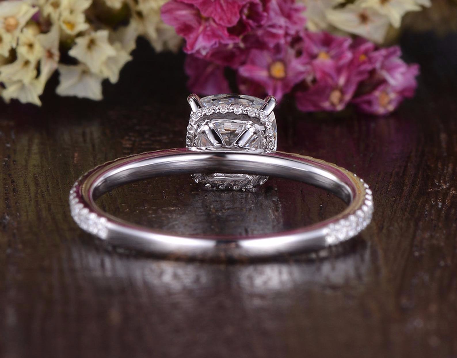 Cushion Cut Lab Diamond Engagement Ring, Hidden Halo Design