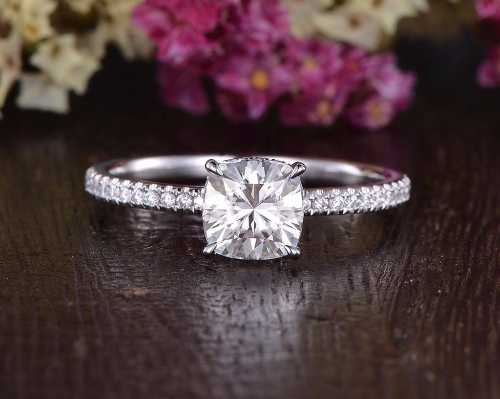 Cushion Cut Lab Diamond Engagement Ring, Hidden Halo Design