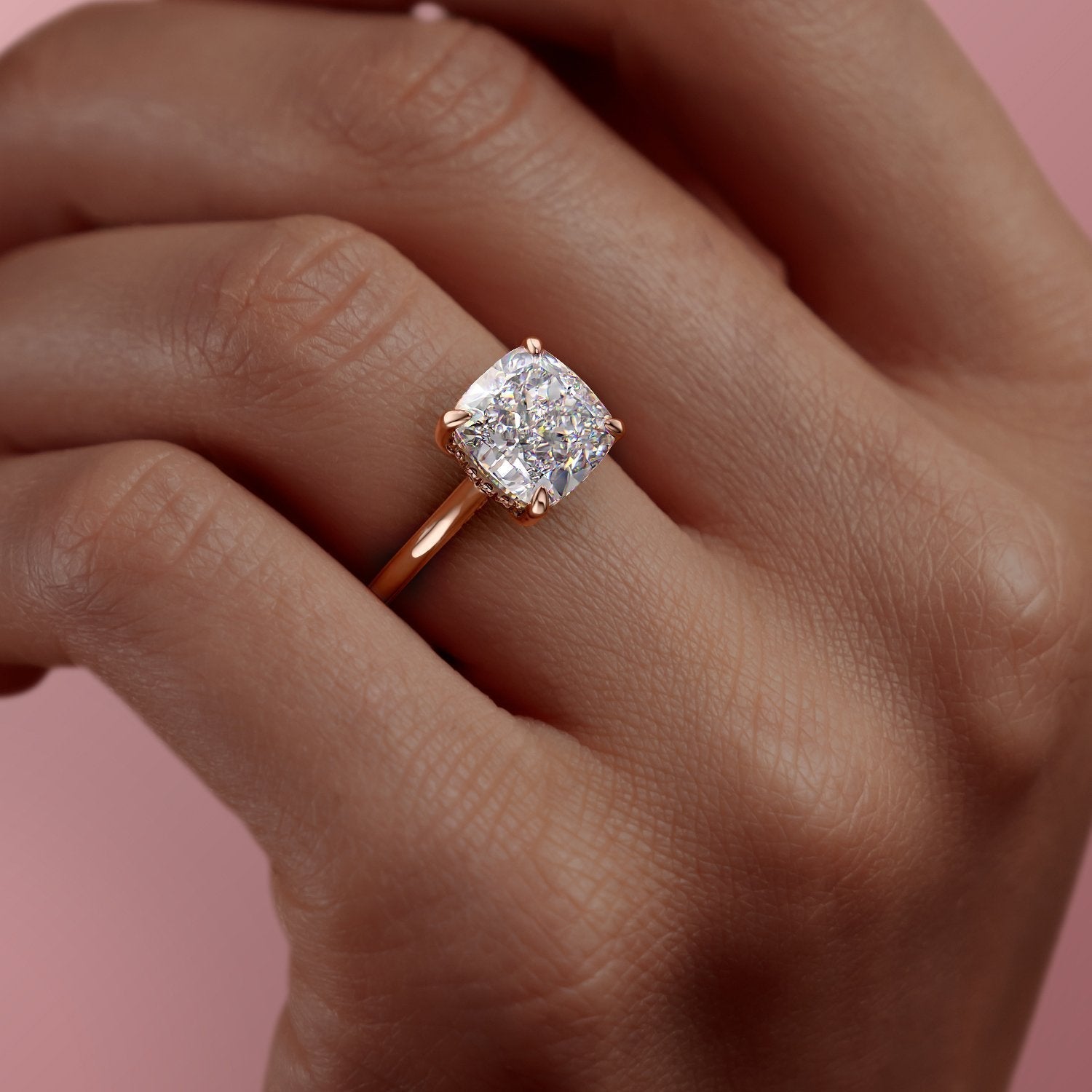 Cushion Cut Lab Diamond Engagement Ring With Hidden Halo