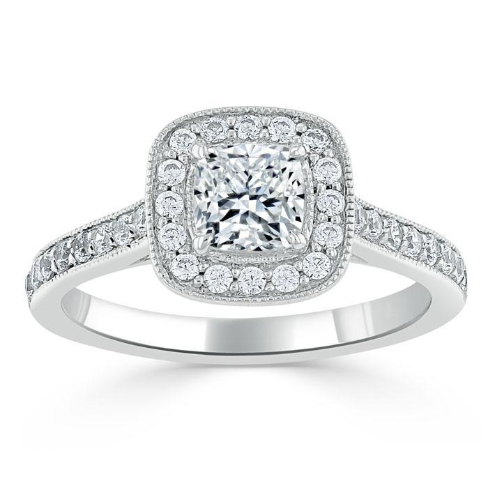 Cushion Cut Lab Diamond Halo Engagement Ring, Tiffany Style
