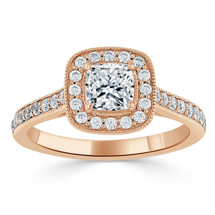 Cushion Cut Lab Diamond Halo Engagement Ring, Tiffany Style
