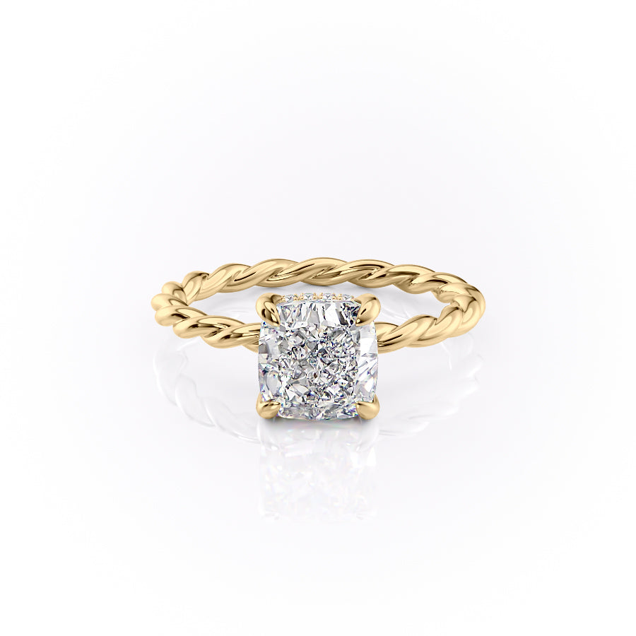 Cushion Cut Lab Diamond Ring, Twisted Band With Hidden Halo