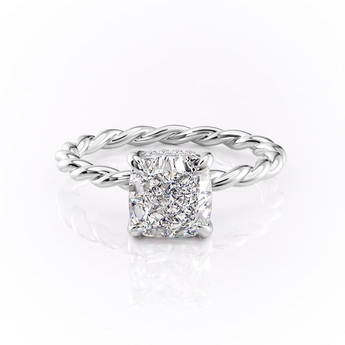 Cushion Cut Lab Diamond Ring, Twisted Band With Hidden Halo