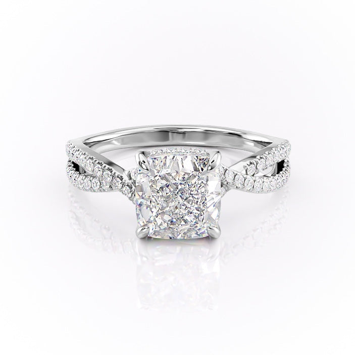 Cushion Cut Lab Diamond Ring With Twisted Stone Set Shoulders