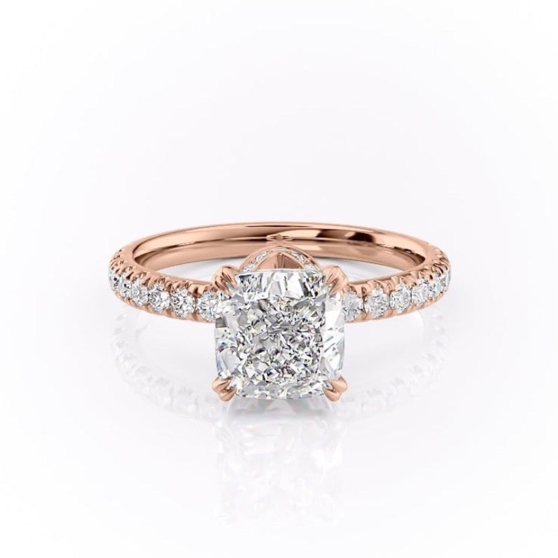 Cushion Cut Lab Diamond Shoulder Set Ring With Block Halo