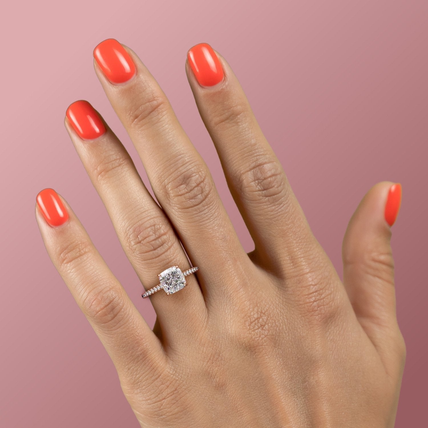 Cushion Cut Lab Diamond Shoulder Set Ring With Hidden Halo