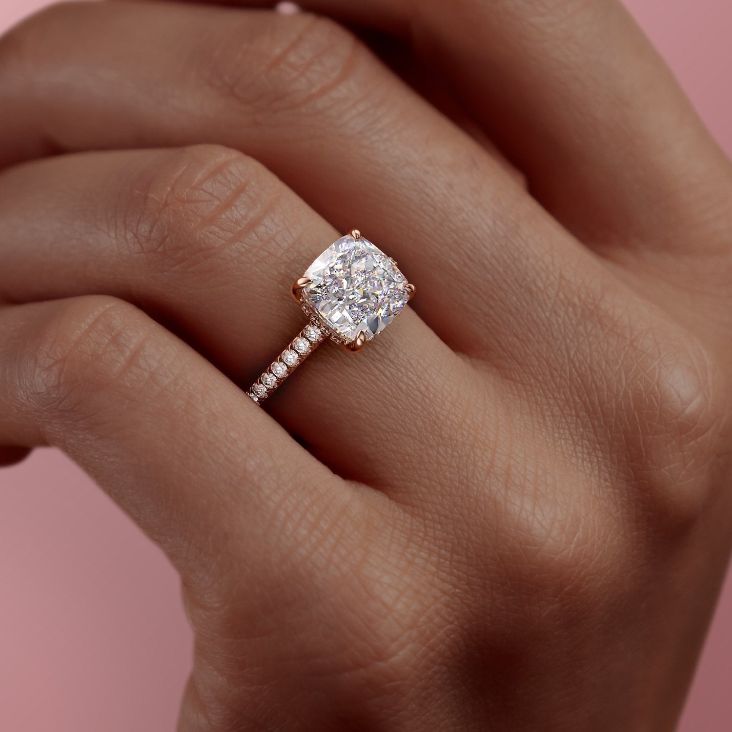 Cushion Cut Lab Diamond Shoulder Set Ring With Hidden Halo