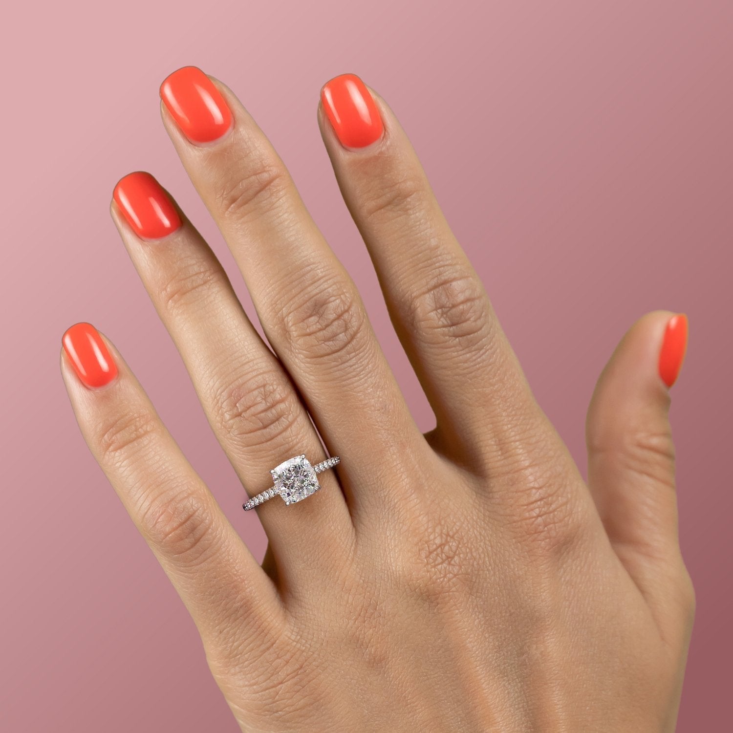 Cushion Cut Lab Diamond Shoulder Set Ring With Hidden Halo