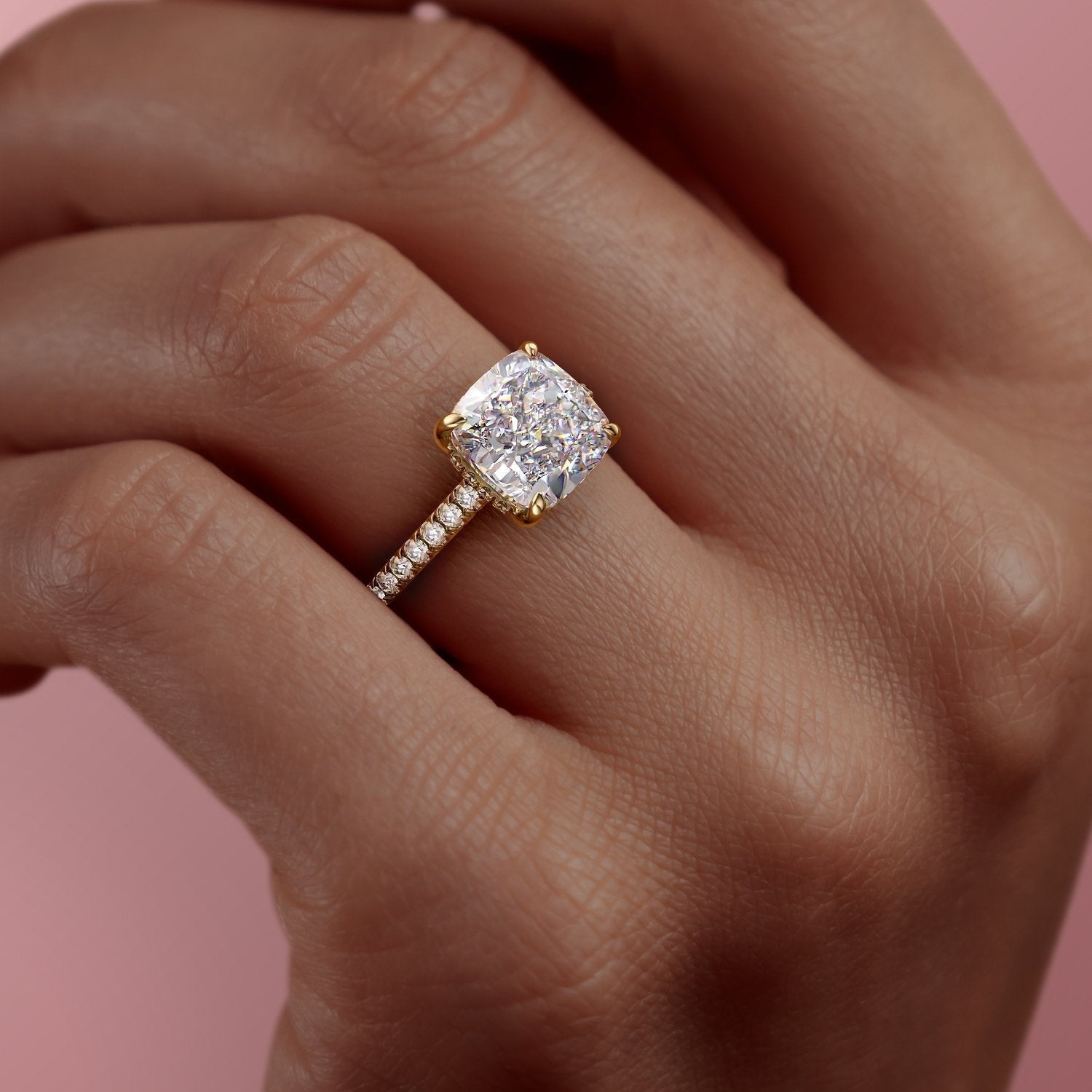 Cushion Cut Lab Diamond Shoulder Set Ring With Hidden Halo