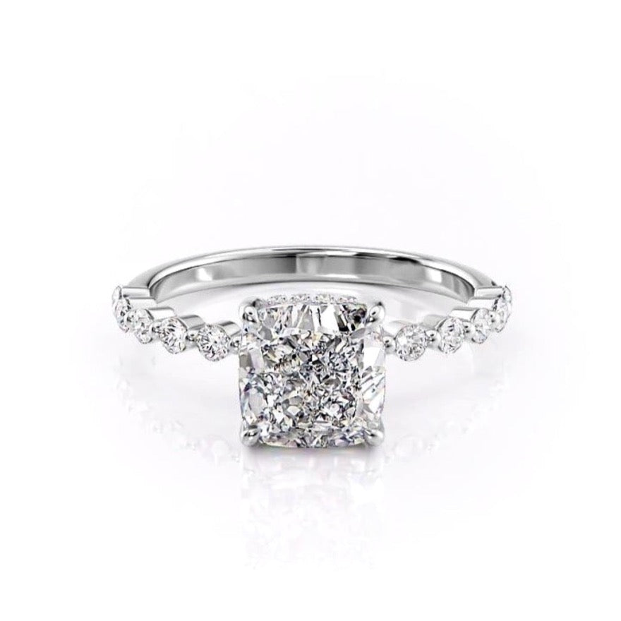 Cushion Cut Lab Diamond Shoulder Set Ring With Hidden Halo