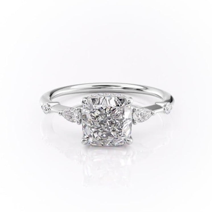 Cushion Cut Lab Diamond Shoulder Set Ring With Hidden Halo