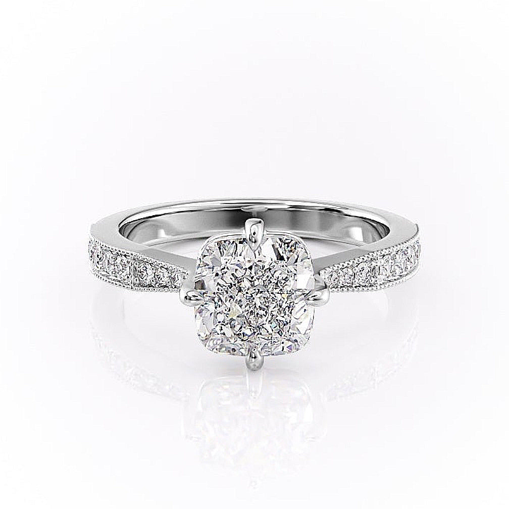 Cushion Cut Lab Diamond Stone Set Shoulders With Milgrain Edge